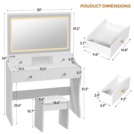 COMHOMA Makeup Vanity Desk with Mirror and Lights, Vanity Table and Chair Set with 5 Drawers and Charging Station, Bedroom Dresser LED Mirror Stepless Dimmable & 3 Color Modes Adjustable, White COMHOMA