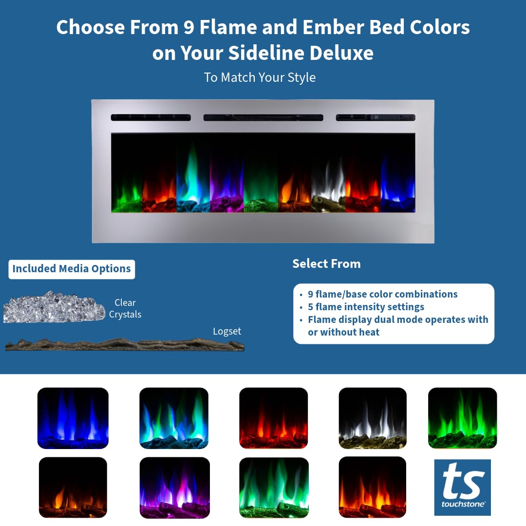 Touchstone Sideline Deluxe -Stainless Steel Smart Electric Fireplace- 50" Wide- Alexa/WiFi-Enabled- in Wall Recessed- 5 Flame Settings- 9 Flame Colors- 1,500W Heater- Log & Crystal Options- 86273 Touchstone