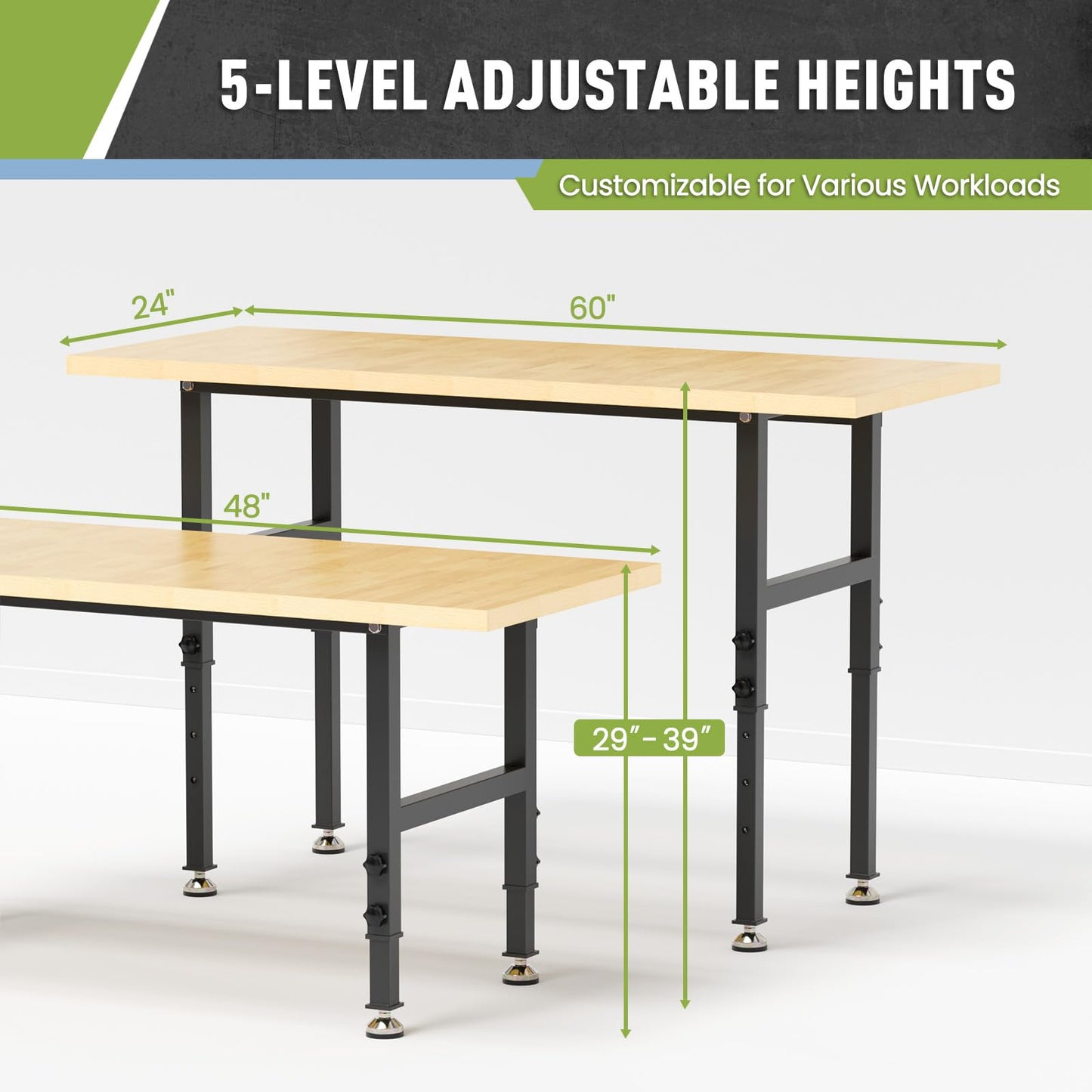 48” Height Adjustable Workbench, Particleboard Desktop Heavy Duty Workstation, 2200 LBS Load Capacity Hardwood Workbench for Garage, Shop, Office - WoodArtSupply