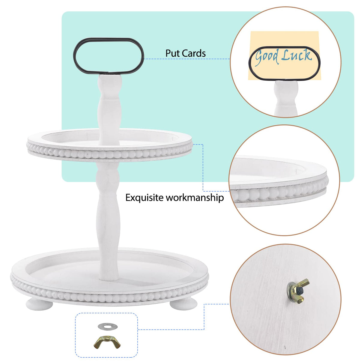 Urban Deco Wooden Decorative Tray Two Tiered Trays Decorations Round Serving Tray with Metal Handle, Wooden Cupcake Stand for Party Tiered Dessert Stand - Retro White Farmhouse Wood Tray Urban Deco