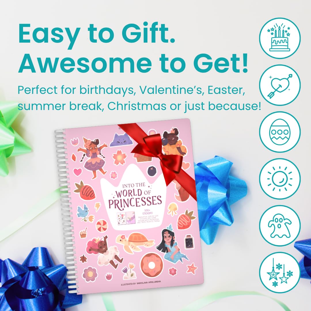 Princess Sticker Book Activity for Kids, World of Princesses by Cupkin, Toddler Airplane Travel Essentials, 500+ Stickers for Kids 12 Scenes + Coloring Book Pages, Girly Kid Gift, Crafts Ages 2-8 CUPKIN