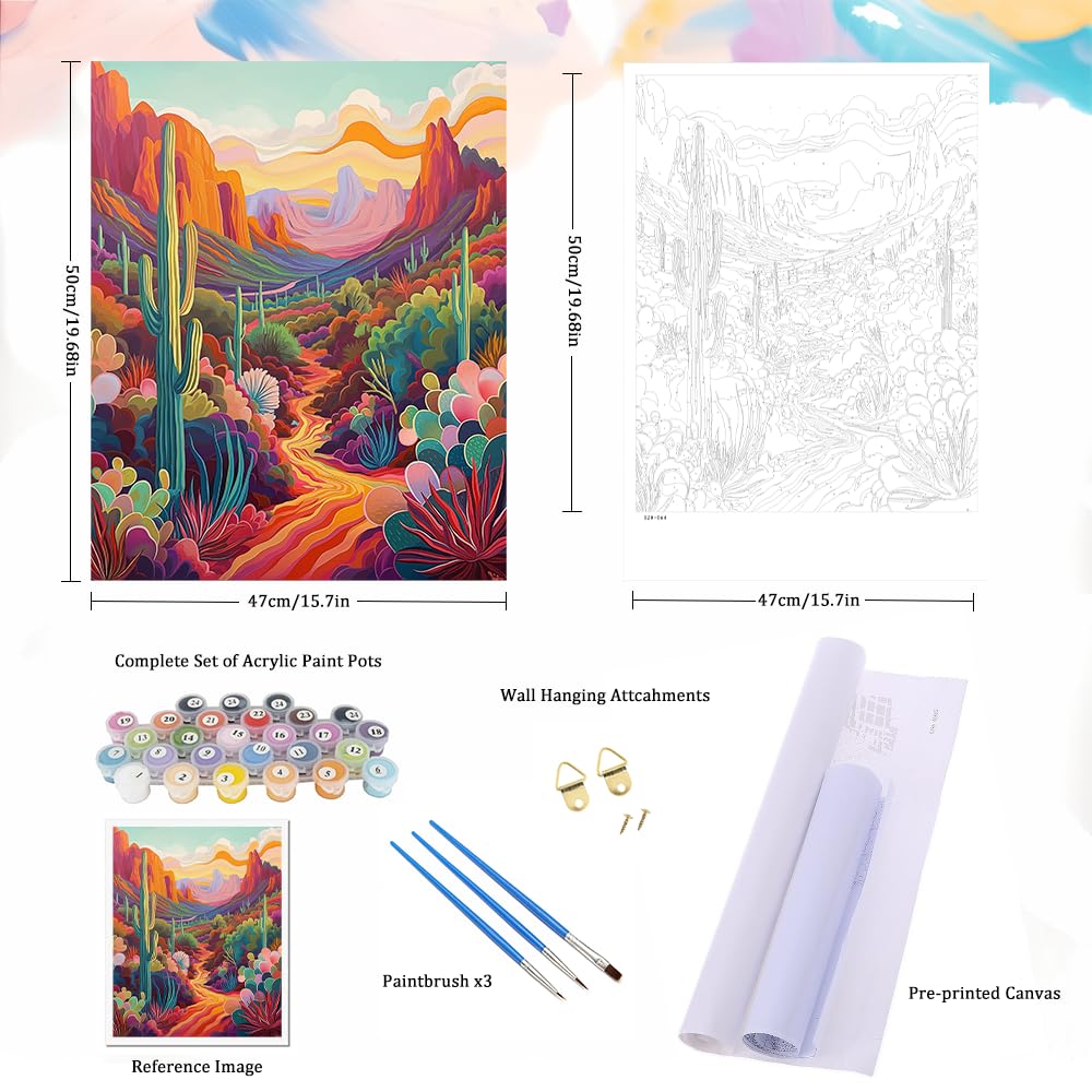 Natuyalo Paint by Numbers Kit for Adults Beginners and Kids, 16" Wx20 L Canvas Pictures Drawing Acrylic Paintwork with 3 Pcs Paintbrushes, Cactus in Wilderness Natuyalo