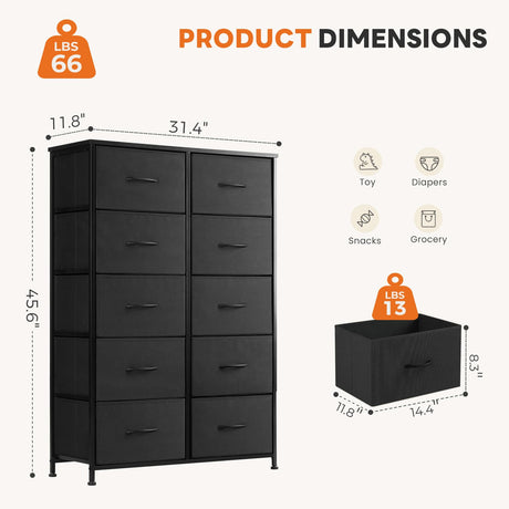 Sweetcrispy 10 Drawer Fabric Dresser Storage Tower with Bins, Tall Chest Organizer for Bedroom Closet Hallway, Steel Frame Wood Top Easy Pull Handles,Black Sweetcrispy