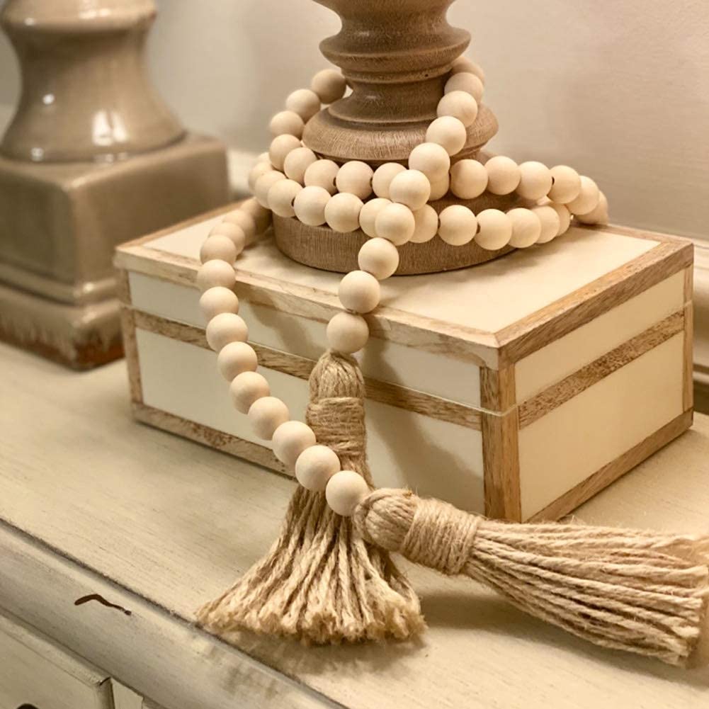 LJY&V Wood Bead Garland with Jute Tassels, 32 inches Farmhouse Beads Tassels for Home Curtain Wall Hanging Rustic Country, Natural Cute Wooden Bead Tassels Prayer (2Pcs), Beige