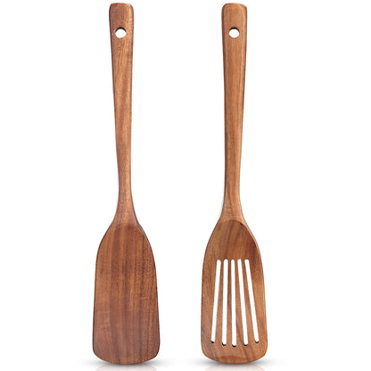 2 Pcs Acacia Wood Spatula Set Non Stick Cooking Utensils Slotted Turner Flat Wooden Kitchen Wok Spatula for Mixing Frying Fish Spatula Egg Flipper Turner Kitchen Utensil Pancake Spatula for Cooking