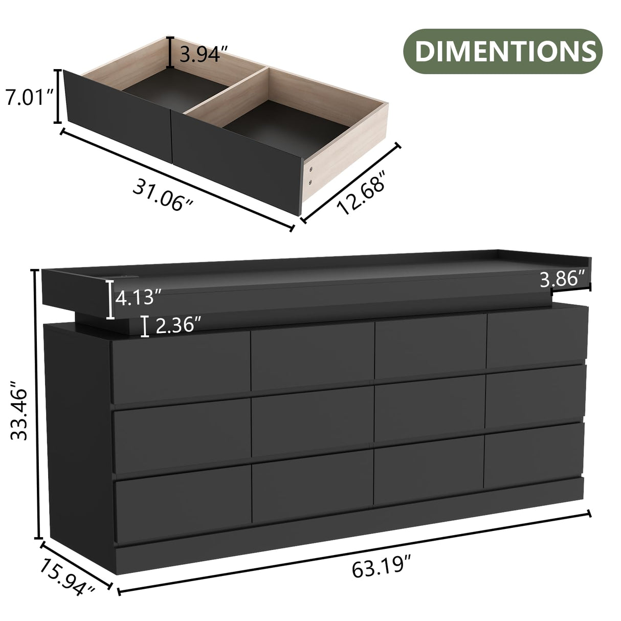 Gyfimoie 12 Drawer Dresser with Power Outlet, Dresser with LED Light, Modern Chest of Drawers for Closet, Double Wide Drawer Organizer Cabinet for Bedroom, Living Room (Black, 12 Drawers) Gyfimoie