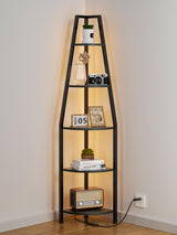 Furnulem 5 Tier Corner Shelf with LED Light, 67.2” Tall Standing Shelf for Wall Corner, Narrow Bookshelf Ladder Shelf for Bedroom, Living Room, Plant, Wood Storage Rack, Metal Frame (Black Oak) Furnulem