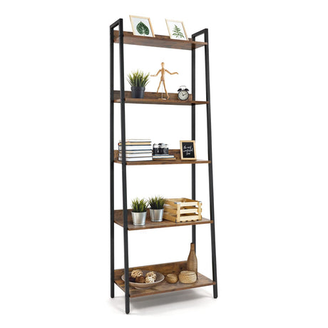 CAPHAUS 5 Tier Ladder Bookshelf, 24 Inch Width Free Standing Shelf, Bookcase Shelf Storage Rack Organizer, Industrial Book Shelves for Home Office, Living Room, Kitchen, Rustic Oak, Vintage Shelves CAPHAUS