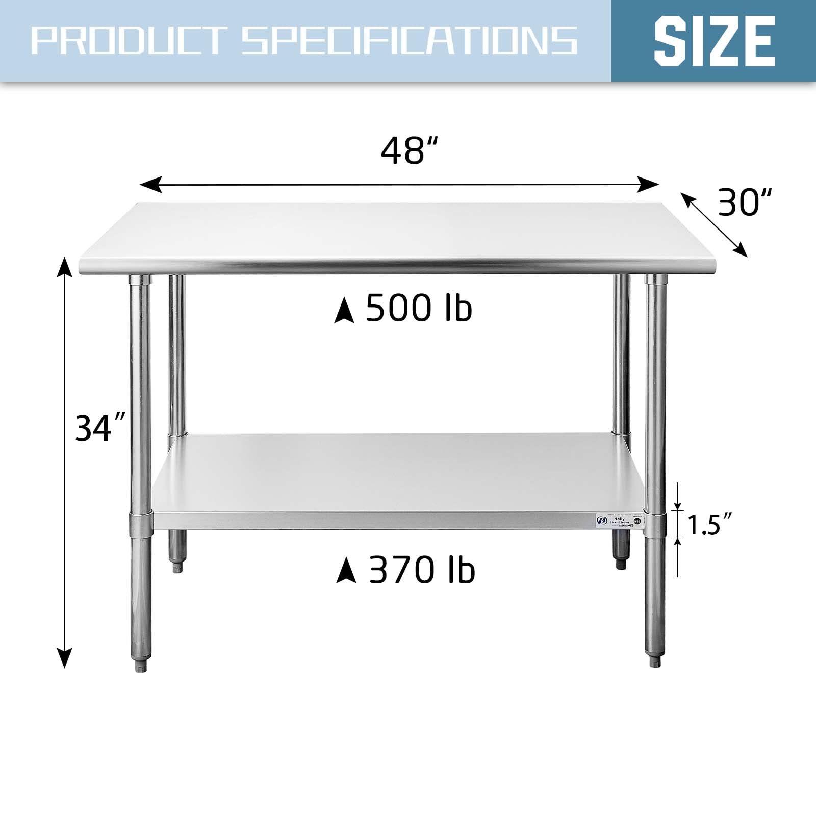 Hally Stainless Steel Table for Prep & Work 30 x 48 Inches, NSF Commercial Heavy Duty Table with Undershelf and Galvanized Legs for Restaurant, Home and Hotel - WoodArtSupply