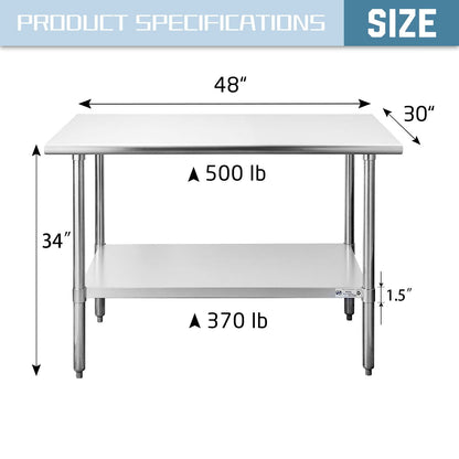 Hally Stainless Steel Table for Prep & Work 30 x 48 Inches, NSF Commercial Heavy Duty Table with Undershelf and Galvanized Legs for Restaurant, Home and Hotel - WoodArtSupply