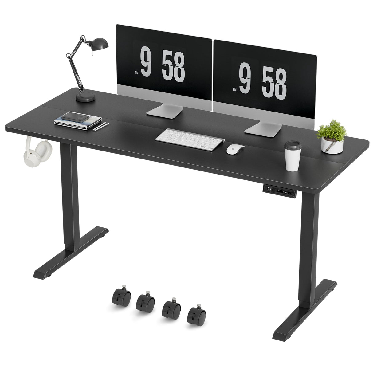 Furmax Electric Standing Desk, 59 x 24 Inches Height Adjustable Desk with Wheels, Home Office Computer Desk with Management Box (Carbon Black) Furmax