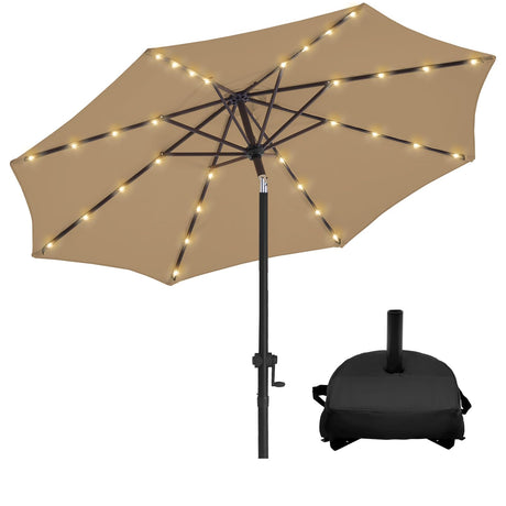 wikiwiki 10FT Solar Led Patio Umbrella with Base, Sturdy Outdoor Market Umbrella for Deck, Pool, Garden w/Tilt, Crank, 32 LED Lights, Tan wikiwiki