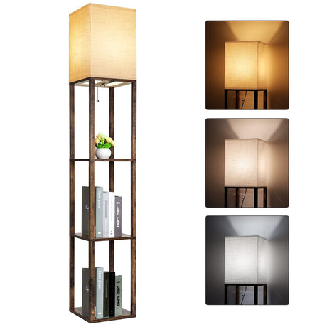 RUNTOP Floor Lamp with Shelves, Modern Shelf Lamp for Display Storage, 3 Color Temperature Wood Narrow Standing Corner Lamp with 8W Bulb for Living Room Decor, Bedroom, Office, Home Decor(Brown) RUNTOP