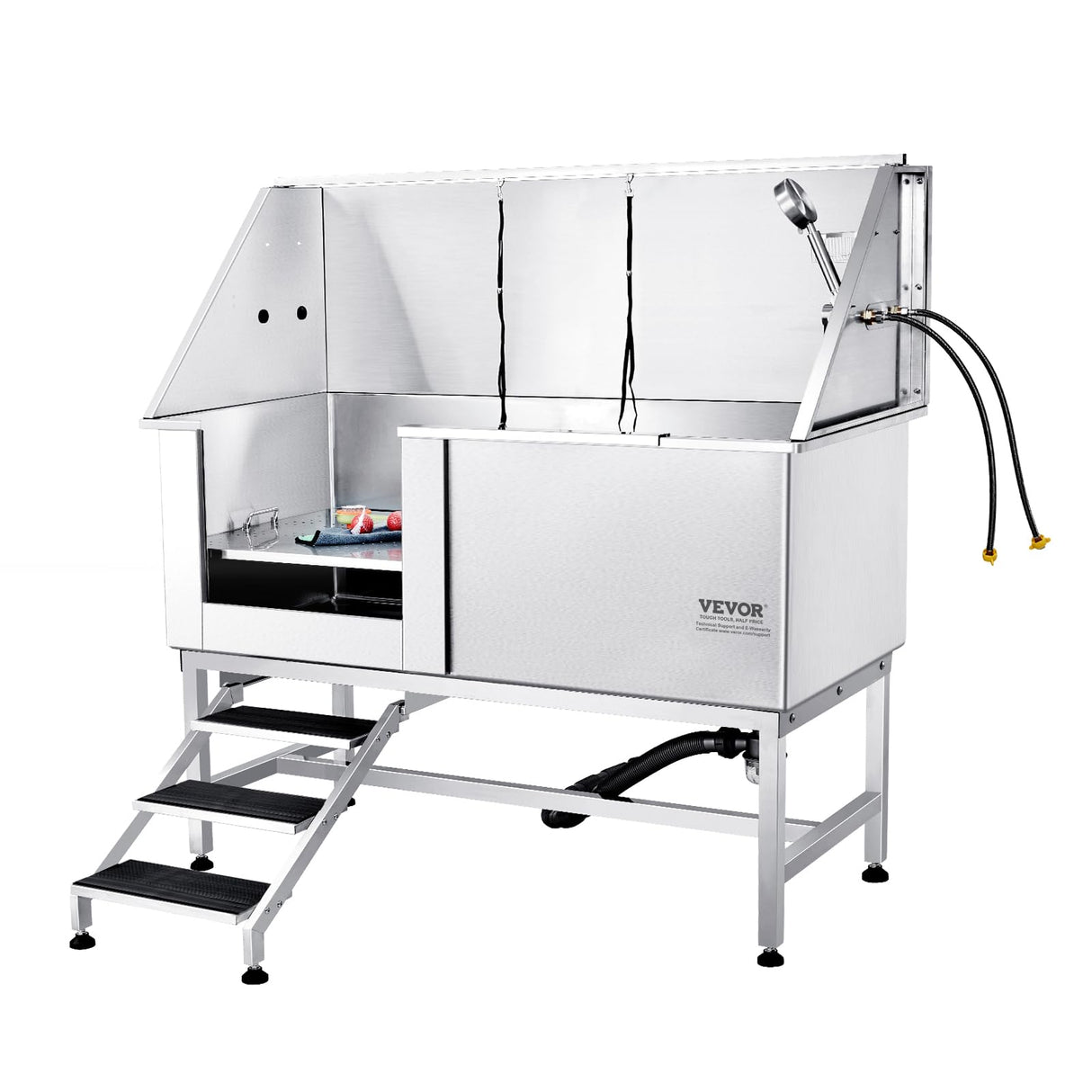 VEVOR 62" Pet Dog Bathing Station w/Stairs, Professional Stainless Steel Dog Grooming Tub w/Soap Box, Faucet,Rich Accessory,Bathtub for Large,Medium,Small Pet, Washing Sink for Home(Left) VEVOR