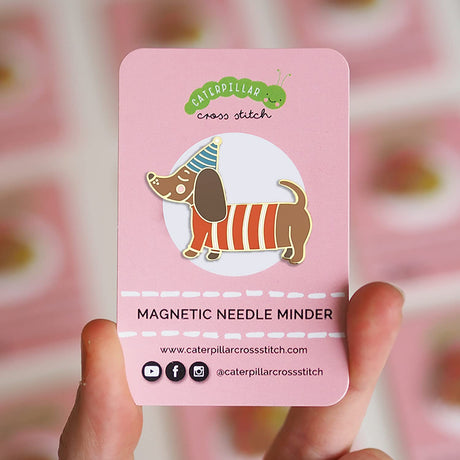 Needle Minder - Sausage Dog Dachshund for Cross Stitch, Sewing, Embroidery and Needlework Accessories, Enamel and Magnetic Caterpillar Cross Stitch