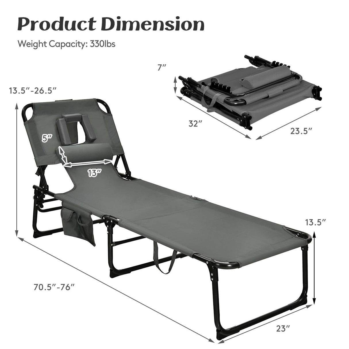 COSTWAY Folding Beach Lounge Chair, Tanning Chair with Face Hole, 5-Position Adjustable Backrest, Pillow & Side Pocket, Foldable Chaise Lounge Chair Outdoor for Sunbathing, Camping (1, Grey) COSTWAY