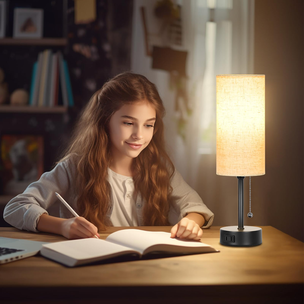 Dott Arts 15" Table Lamp for Bedroom, 3-Color Bedside Lamps with Pull Chain, Bedroom Table Lamps for Nightstand,AC Outlet Small Lamp for Living Room, Bulb Included Dott Arts