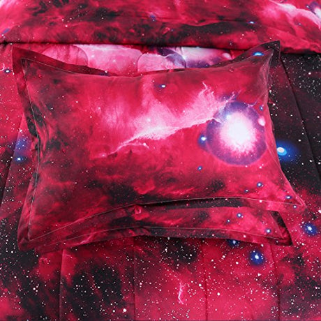 uxcell Full/Queen Size Galaxies Red Comforter Sets - 3D Outer Space Themed Bedding - All-Season Down Quilted Duvet - Reversible Design- Includes 1 Comforter, 2 Pillow Cases uxcell
