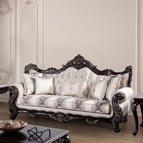 Furniture of America Zephyra Traditional Faux Leather Upholstered Sofa with Rolled Arm and Accent Pillows, Wooden Comfortable Couch for Living Room, Office, Bedroom, Dark Cherry/Beige Furniture of America