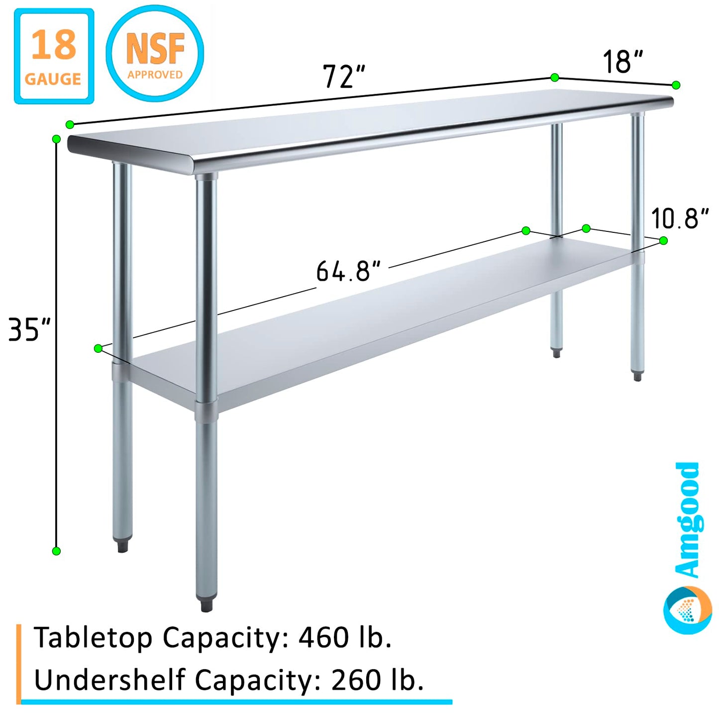 AmGood 18" X 72" Stainless Steel Work Table | Metal Kitchen Food Prep Table | NSF - WoodArtSupply