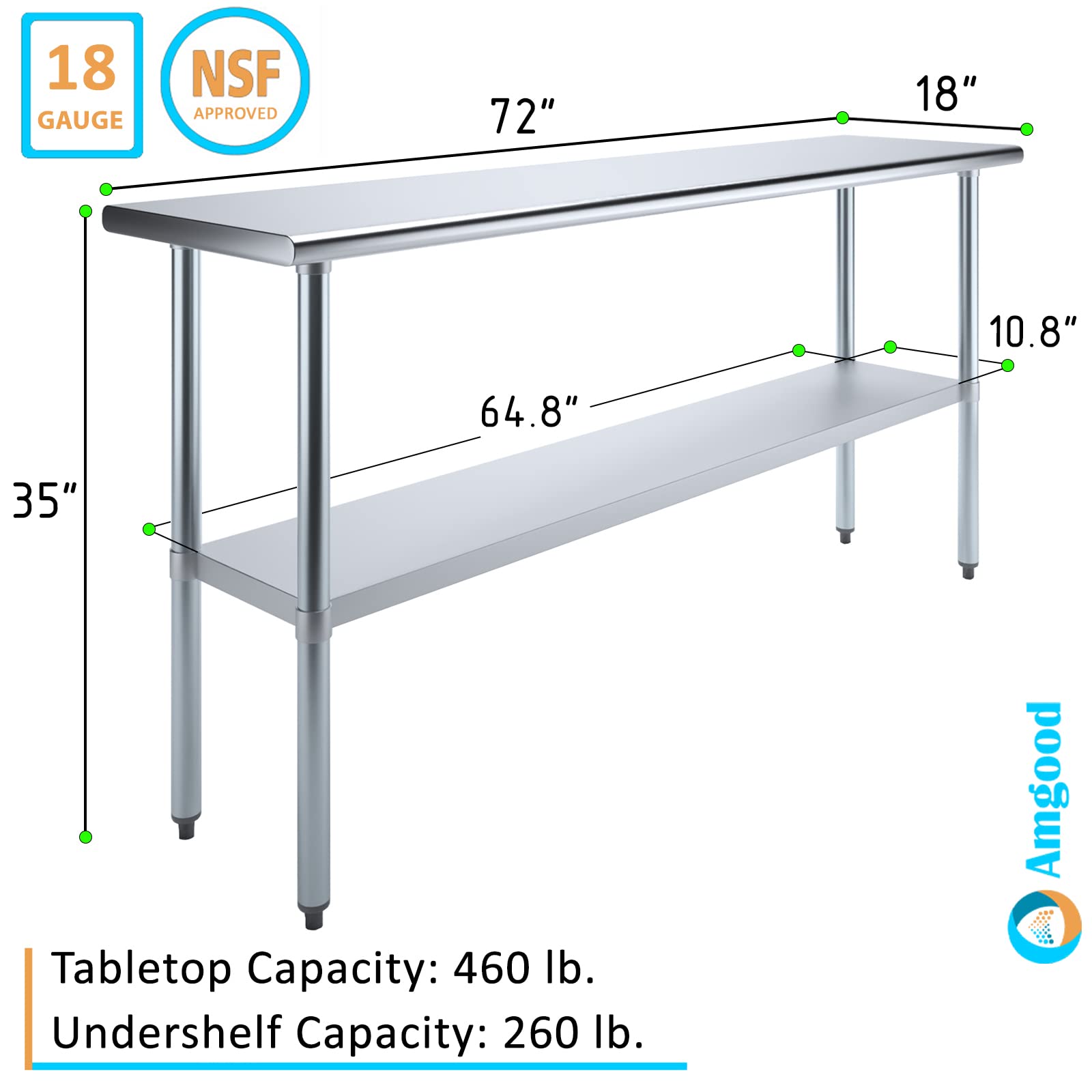 AmGood 18" X 72" Stainless Steel Work Table | Metal Kitchen Food Prep Table | NSF - WoodArtSupply