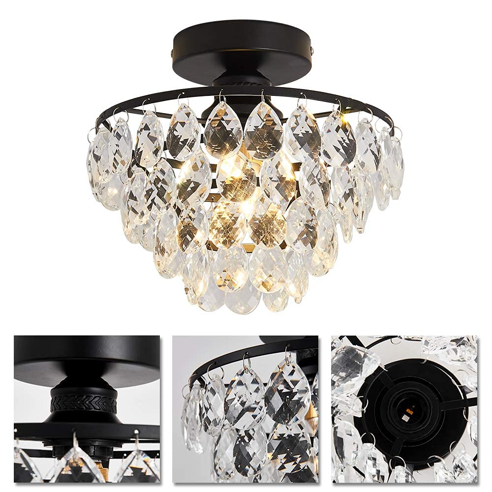 YYJLX Modern Small Crystal Ceiling Light Fixture Mini Black Semi Flush Mount Chandelier Light Fixture for Hallway Bedroom Bathroom Closet e26 YYJLX