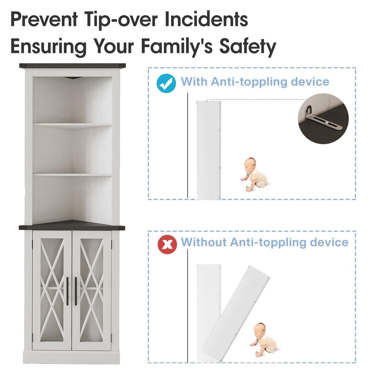 Maupvit 66.8" Tall Corner Cabinet with 2 Glass Doors, Modern Storage Cabinet with Adjustable Shelves, Corner Display Cabinet for Living Room, Bathroom, Hallway, Retro White Maupvit