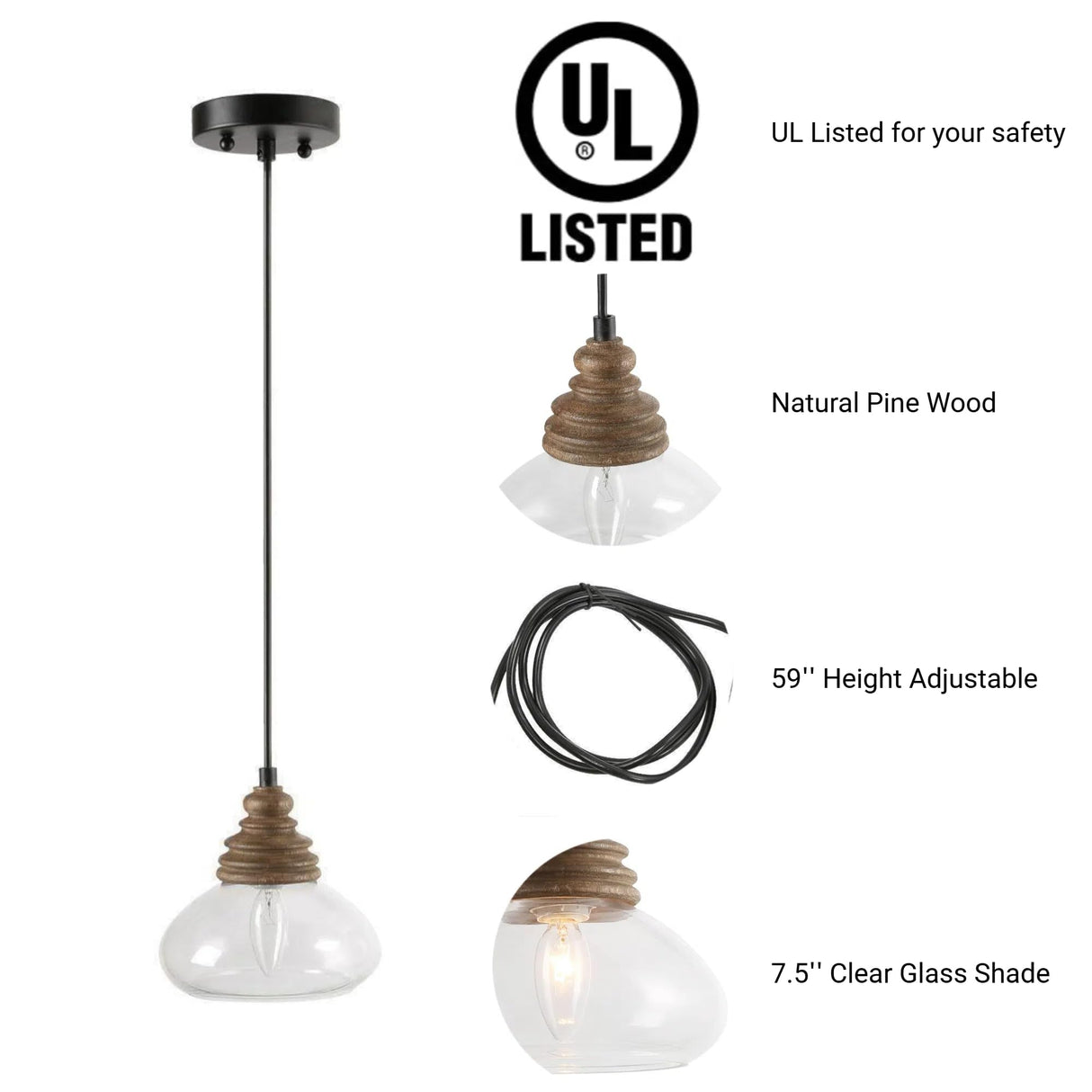 KSANA Pendant Lights Kitchen Island, 1-Light Farmhouse Kitchen Pendant Lighting Over Island, 7.5'' Rustic Wood Pendant Light Fixtures with Clear Glass Shade KSANA