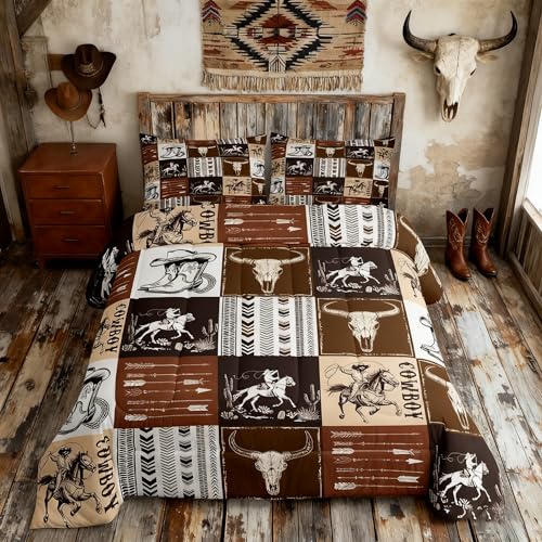 Cowboy Comforter Set Twin Size,Southwestern Aztec Country Horse Bedding Set 2pcs,Rustic Ranch Retro Animal Down Comforter,Brown Patchwork Farmhouse Bed Set for Kids Boys Teens,1 Pillowcase,No Sheets Manfei