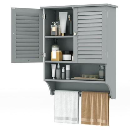 Tangkula Wall Mounted Bathroom Cabinet with Open Shelf & Bar, Medicine Cabinet with Double Louvered Doors, Wall Storage Cabinet with Adjustable Shelf, for Bathroom Living Room Kitchen (Grey) - WoodArtSupply