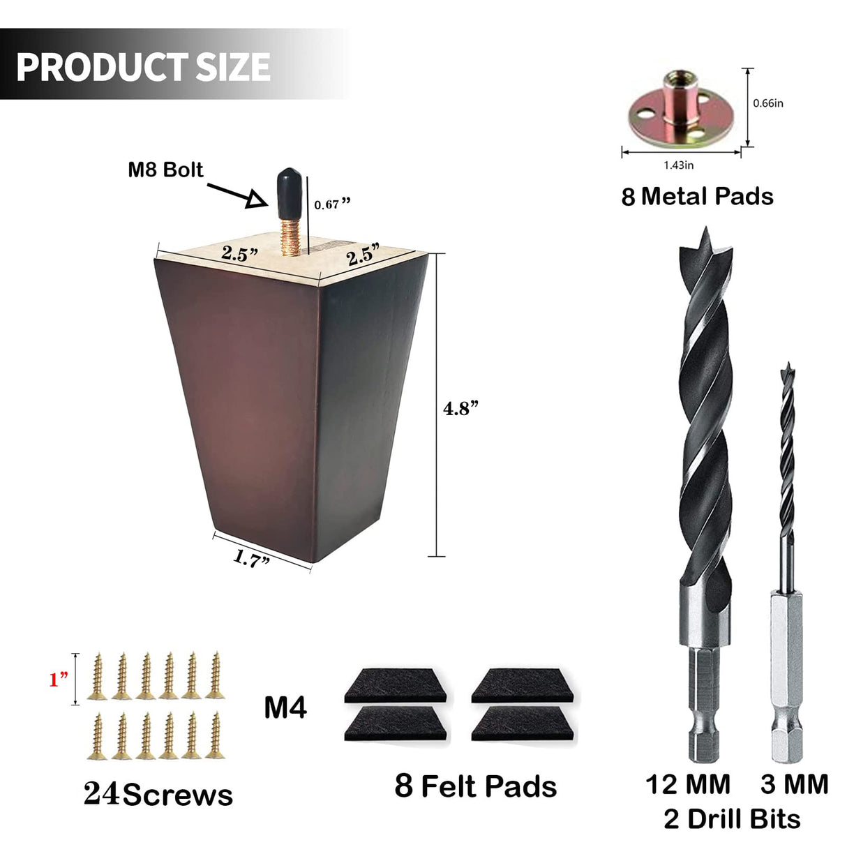Txcucc Sofa Legs Square Bed Feet 5 inch Wood Replacement Leg for Furniture Set of 8, Dark Brown… Txcucc