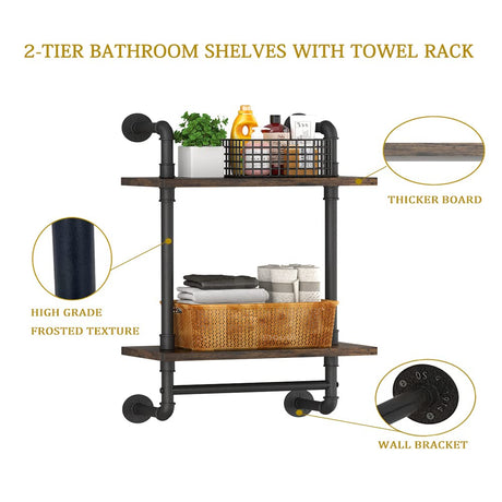 Helsin Industrial Pipe Floating Bathroom Shelves Wall Mounted with Towel bar, 2 Tier Rustic Wood Wall Shelf, 16inch Metal Towel Rack Storage Bookshelf for Bathroom, Kitchen, Farmhouse, Living Room Helsin
