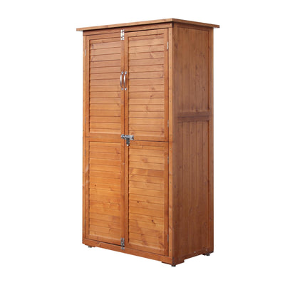 YTGLEN Outdoor Storage Cabinet, Wood Garden Shed, Pool Storage Shed with Lockable Door, Waterproof Roof and 2 Removable Shelves, Vertical Outside Storage Shed for Patio, Backyard and Lawn, Oak Brown