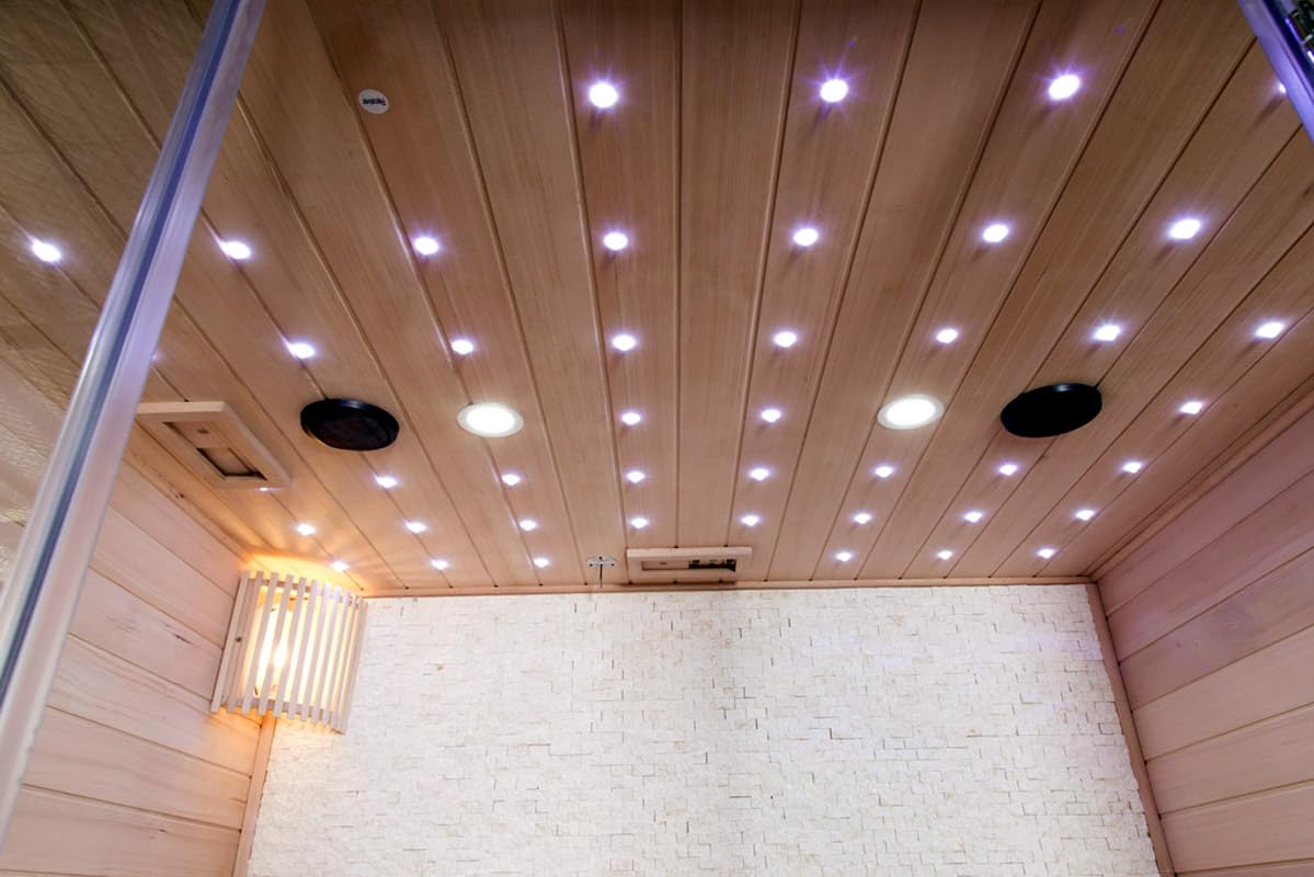 Canadian Hemlock Wood Traditional Swedish Wet or Dry 4-5 Person Glass Wall Sauna, with 6KW Heater, Rocks, Water Bucket, Ladle, LED Lights MCP-Distributions