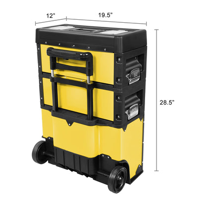 ‎DNA MOTORING TOOLS-00223 ‎19.5" x 28.5" x 12" 3-Tier Stackable Separate Hand Case Tool Boxes Trolley, 3-in-1 Storage Compartments,Yellow