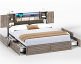 VIAGDO Farmhouse Full Size Bed Frame with Headboard and Double Barn Door Storage Cabinets, Rustic Wooden Bed Frame Full with Charging Station, 4 Drawers and LED Lights, No Box Spring Needed, Grey VIAGDO