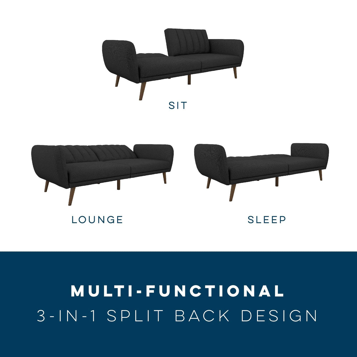 Novogratz Brittany 82 Inch Futon Sofa Bed, Upholstered Couch Sleeper with Tufted Back, Mid-Century Modern, Dark Gray Novogratz