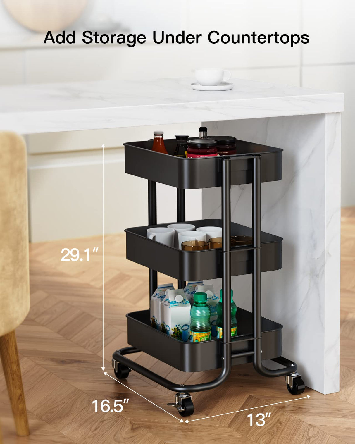 Pipishell 3 Tier Metal Rolling Utility Cart, Heavy-Duty Storage Rolling Cart with 2 Lockable Wheels, Multifunctional Mesh Organization Utility Cart for Kitchen Dining Room Living Room (Black) Pipishell