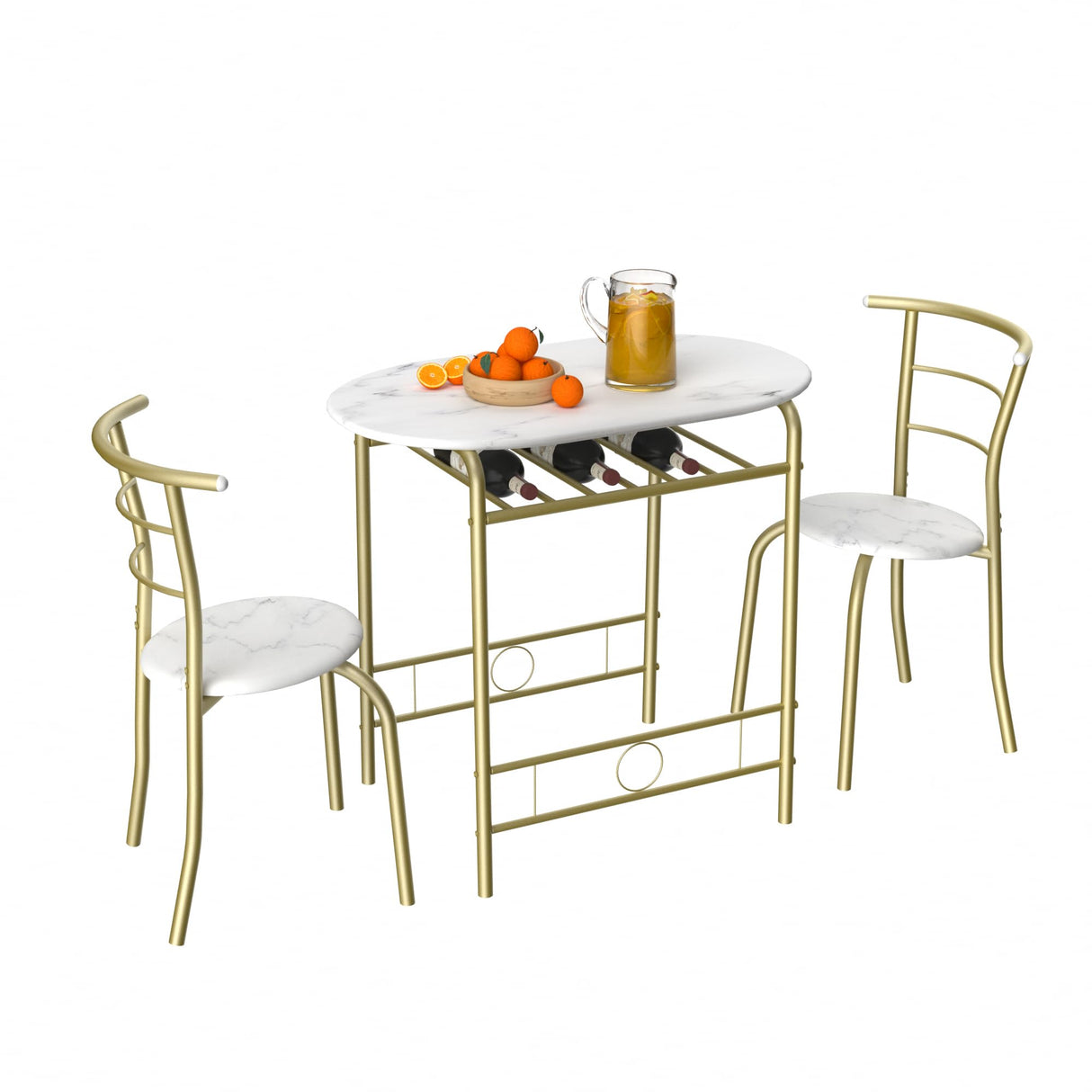 VECELO White & Gold 3-Piece Dining Table Set with Wine Rack for Small Spaces VECELO