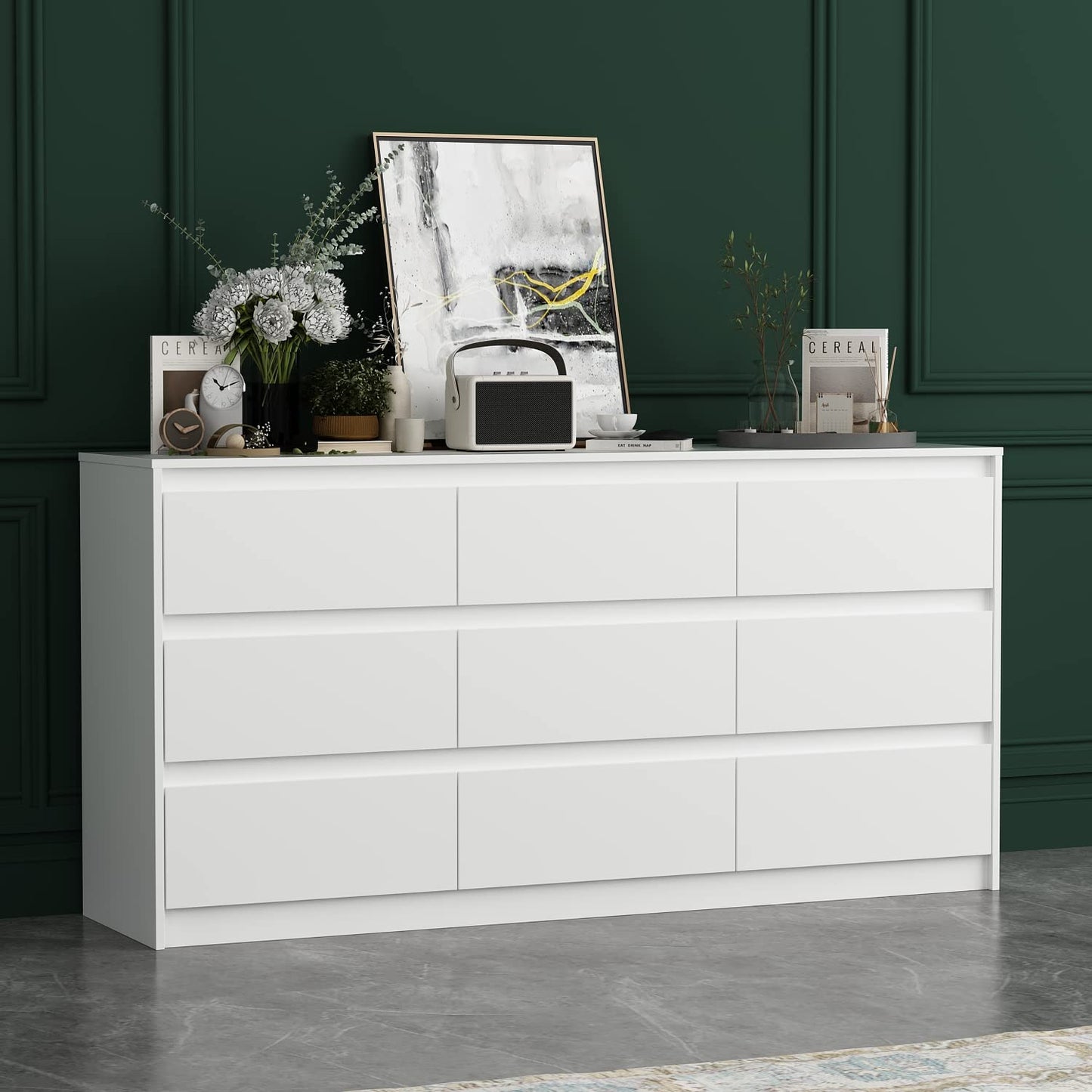 Hitow 9 Drawer Dresser for Bedroom with Deep Drawers, Large Floor Wood Dressers & Chest of Drawers Handle Free, Modern White Long Dressers for Closet Living Room (63" W x 15.7" D x 31.5" H) - WoodArtSupply