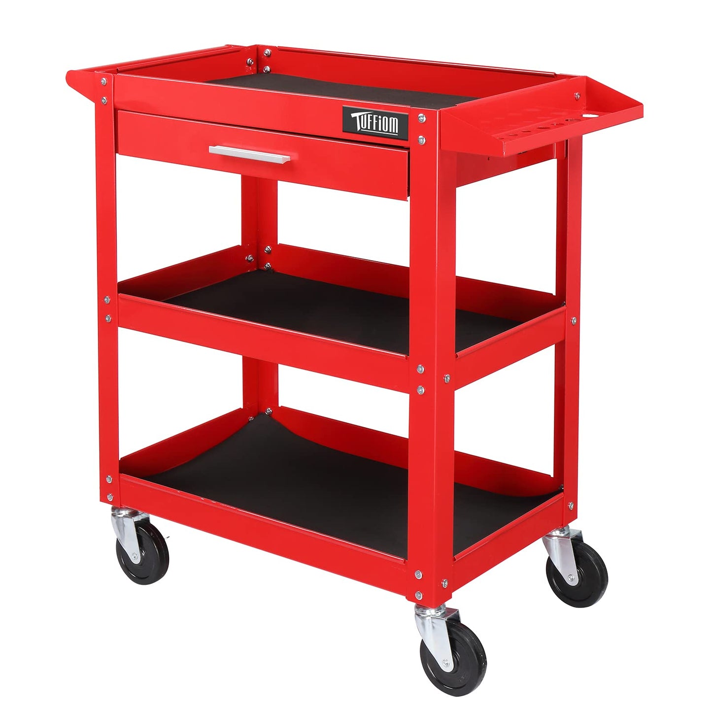 TUFFIOM 3 Tier Rolling Tool Cart, 330 LBS Capacity Industrial Service Cart, Heavy Duty Steel Utility Cart, Tool Organizer with Drawer, Perfect for Garage, Warehouse & Repair Shop (Red) - WoodArtSupply