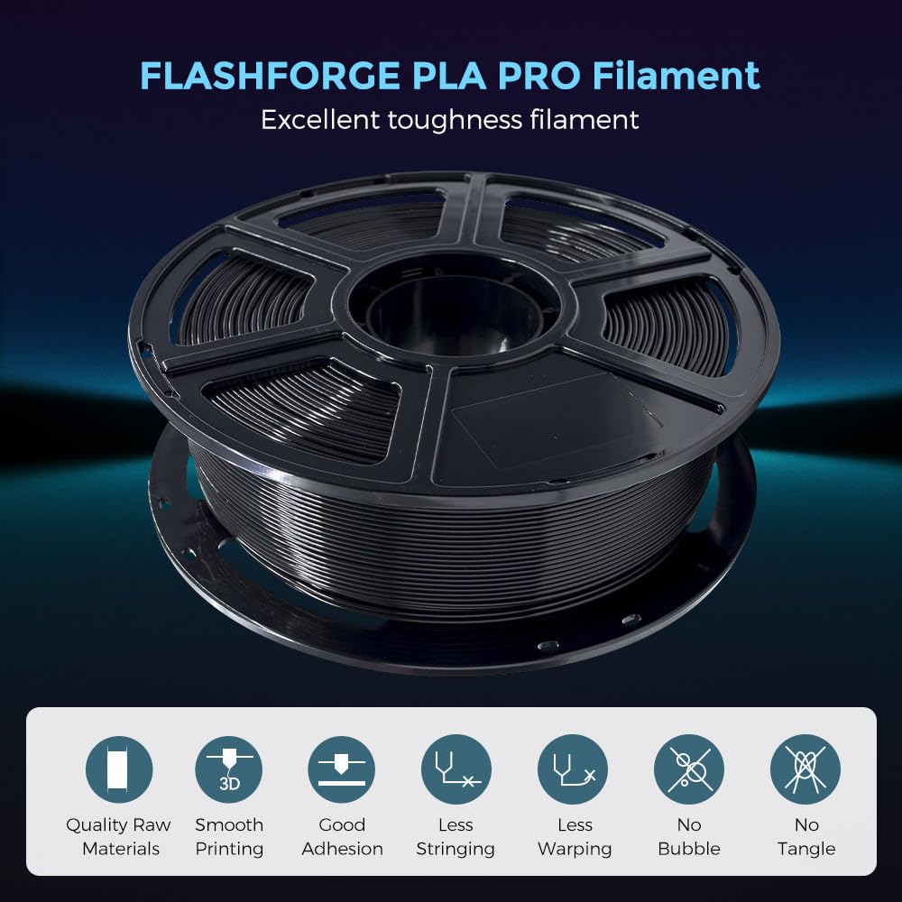 FLASHFORGE 3D Printer Filament, PLA PRO Filament 1.75mm, 1KG Spool (2.2lbs), Dimensional Accuracy +/- 0.02mm for FDM 3D Printers, Better Tenacity & No Knotting (Black) FLASHFORGE