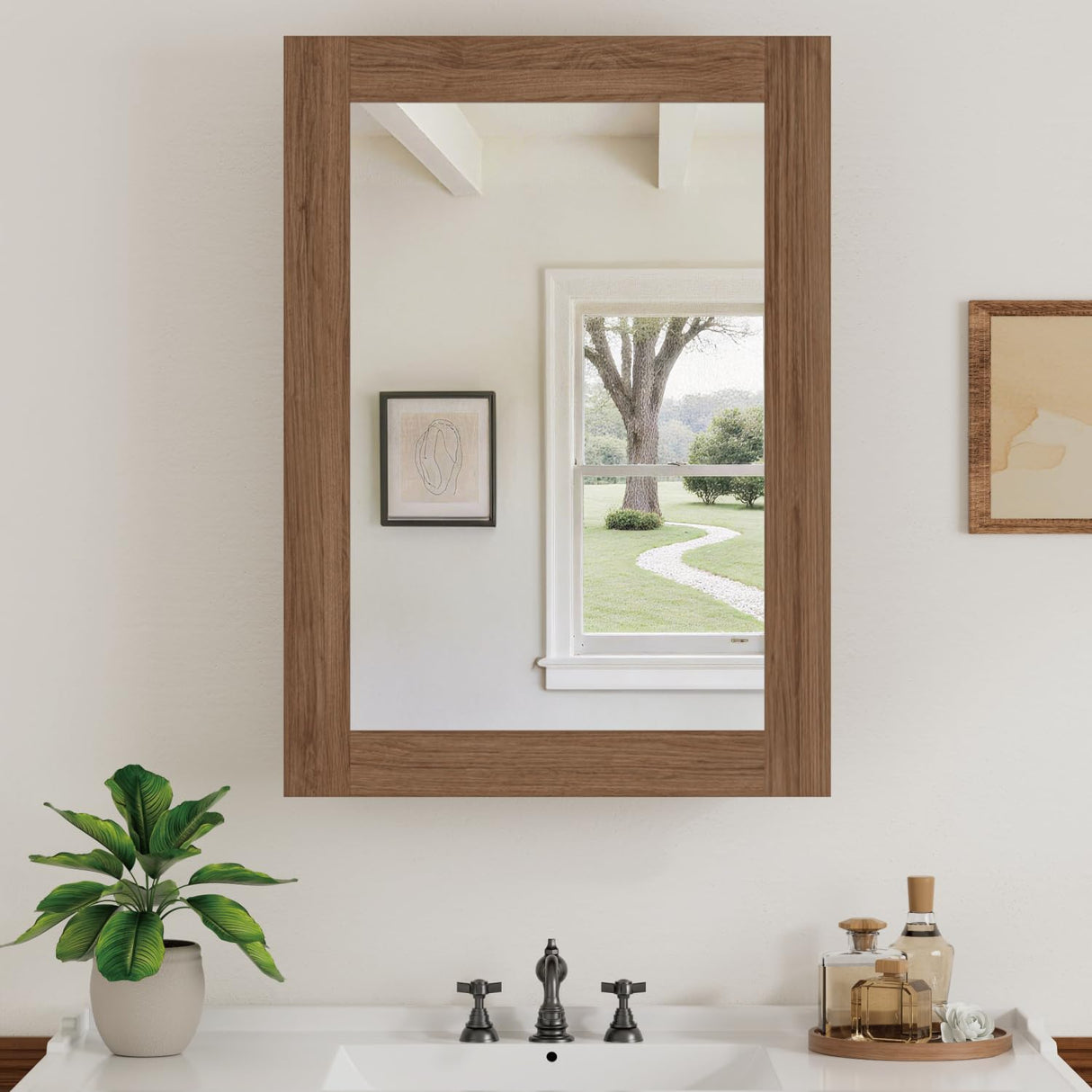 24 x 30 Inch Walnut Grain Medicine Cabinet with Mirror, Recessed or Wall-Mounted Wood Storage Cabinet for Bathroom, Adjustable Shelves, Soft-Close Hinges, Rectangle Buruis