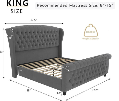 AMERLIFE King Size Platform Bed Frame, Velvet Upholstered Sleigh Bed with Scroll Wingback Headboard & Footboard/Button Tufted/No Box Spring Required/Grey AMERLIFE