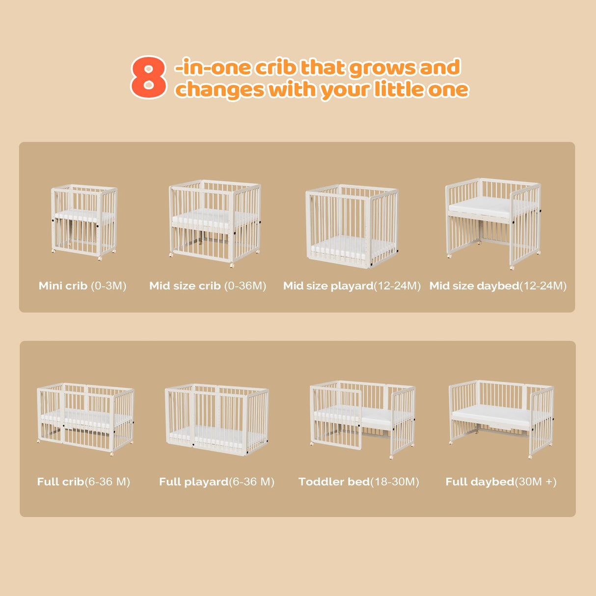 JOYMOR 8-in-1 Convertible Crib with 2" Mattress, Convert from Bassinet, Mid Crib to Full Size Crib, Height Adjustable, Easily Convert to Toddler Bed JOYMOR
