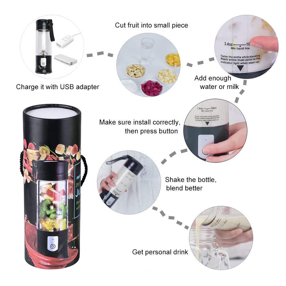 Portable Blender,Toycol Mini Personal Size Blenders for Smoothies and Shakes,USB Travel Juicer Cup Fruit Juice Mixer with 6 Updated Blades,usb Blender 13.5Oz Bottle (Black) Toycol