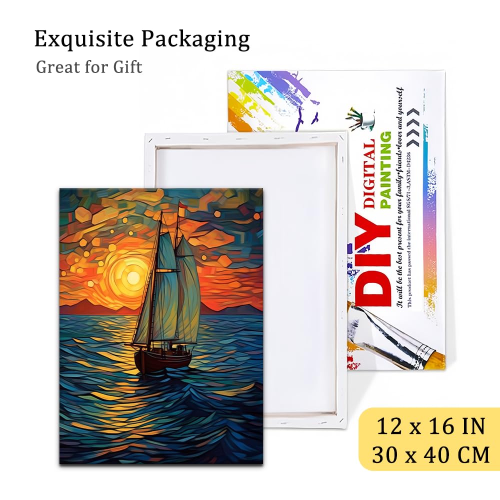 Natuyalo Framed Paint by Numbers Kit for Adults - Sailboat DIY Adult Paint by Number Kits Sunset Landscape Acrylic Canvas Painting for Adults Beginners Art Crafts with Frame, 12x16 Inch Natuyalo