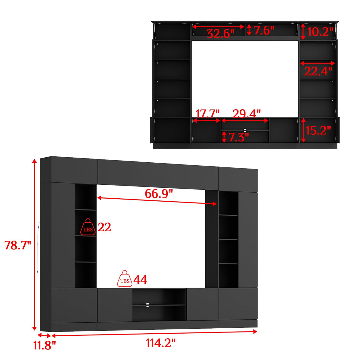 WOODTIME 114" Large Wall Unit Entertainment Center with Bookshelves, Lights and 18 Shelves, Modern 4-Piece TV Stand Media Console Table with Bridge Cabinet for Living Room & Home Theater, Black WOODTIME