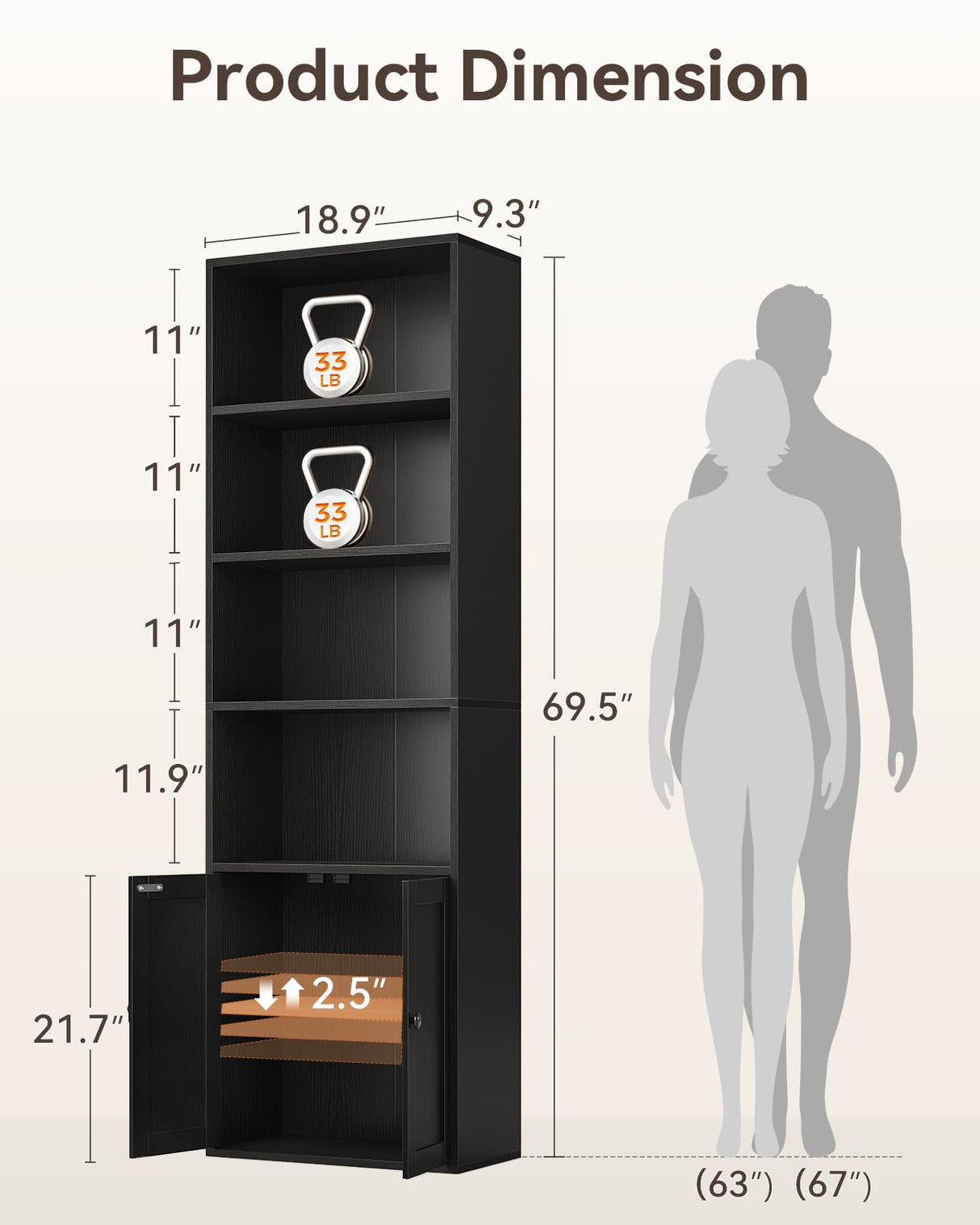 Casaottima Bookshelf and Bookcase with Doors, Floor Standing 6-Tier Shelf Display Storage Shelves, Tall Bookcases for Home Office, Living Room, Black Casaottima