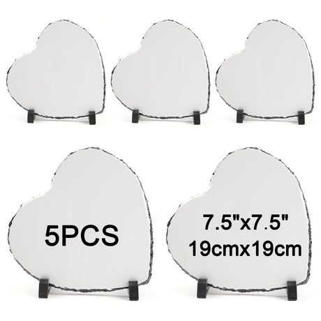 ORJ 5 Pack Sublimation Slate Blanks 7.5x7.5 Inch heart Custom Stone Slate Picture Frame Heat Transfer Rock Photo Plaque with Display Stand Decoration for Desktop Souvenir ORJ